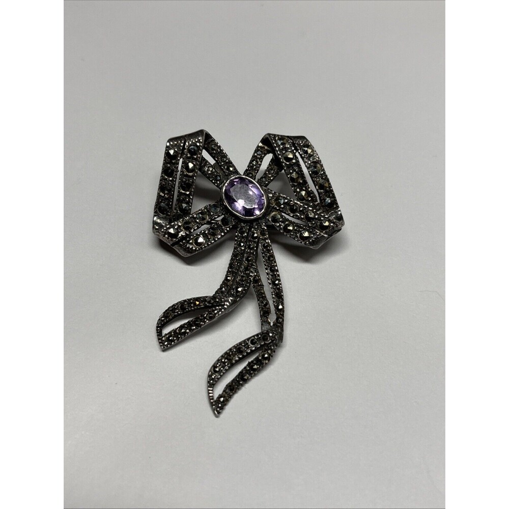 Sterling Silver 925 Bow Ribbon Design Pin Brooch Amethyst Marcasite